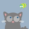 Cute cartoon Cat head looking at honey bee insect. Surprised emotion. Cute cartoon character. Pet baby collection Card.